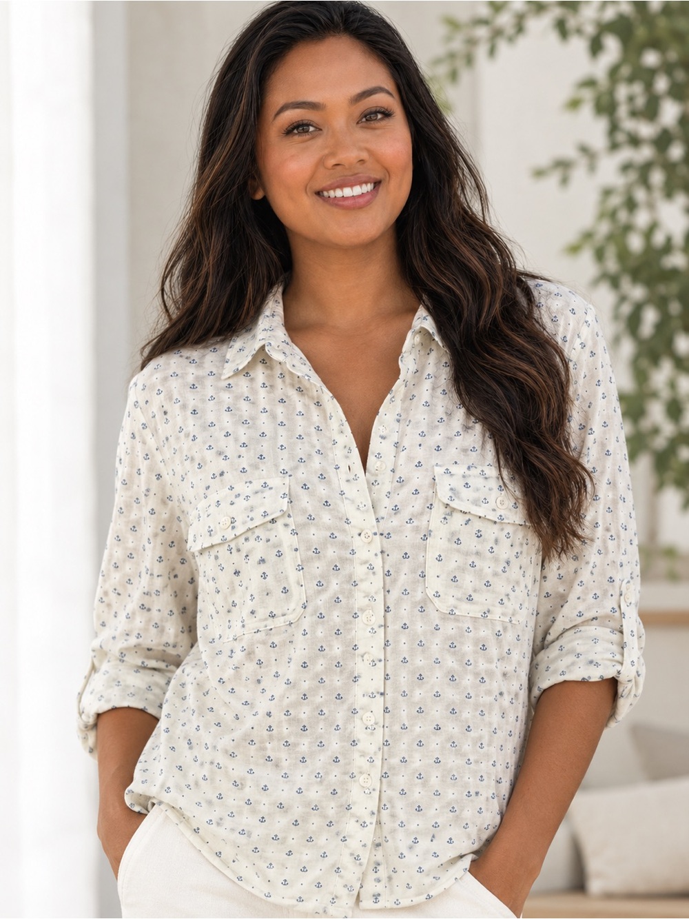 Eden & Olivia 1X Anchor Print Utility Button Front Shirt